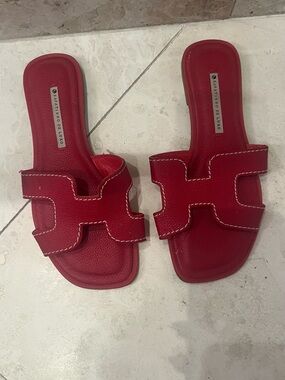 Red Leather Slide Sandals